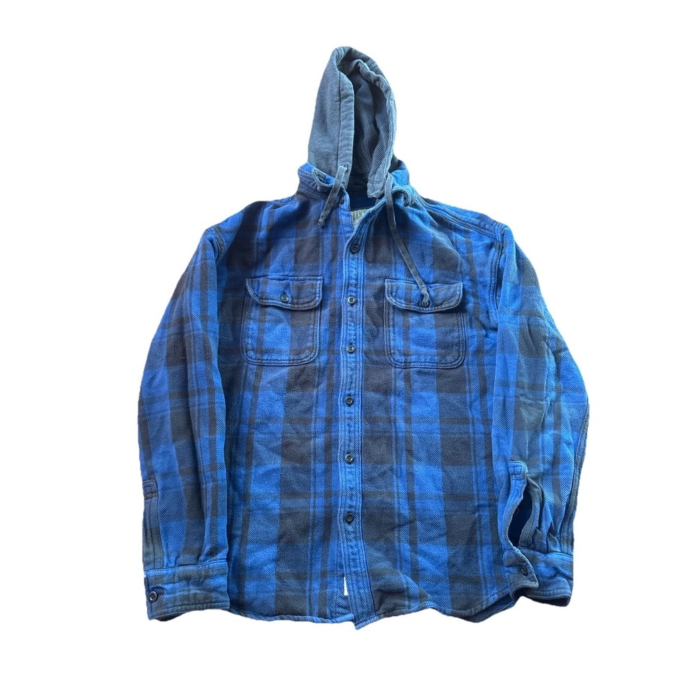 American Eagle Shirt Mens M Plaid Flannel Button Up Hoodie Casual Heavy Blue